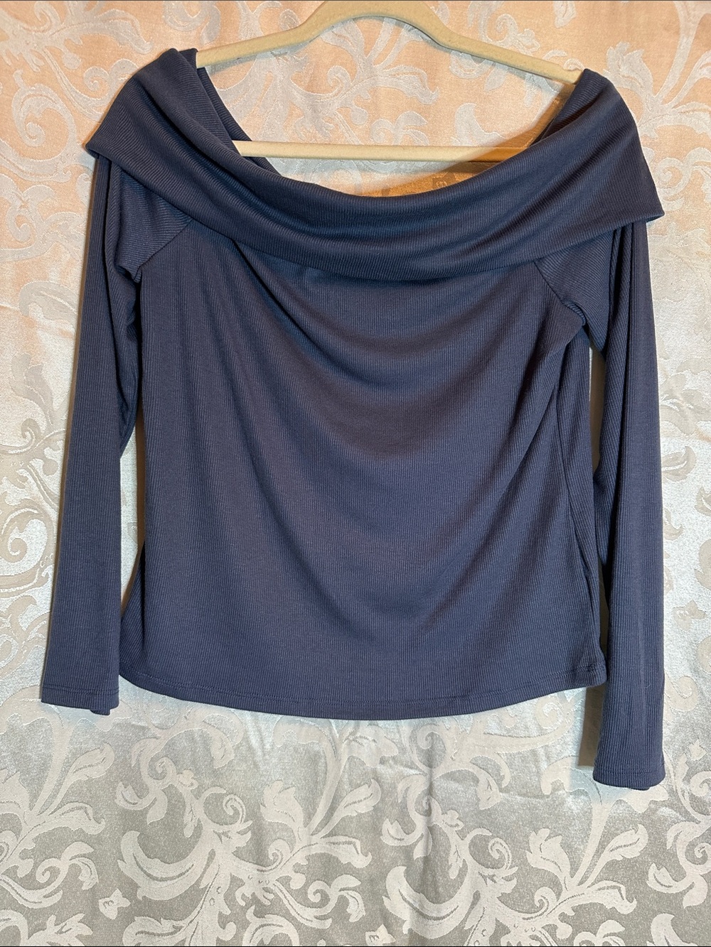 SO Off-the-Shoulder Long Sleeve Top in Slate Blue